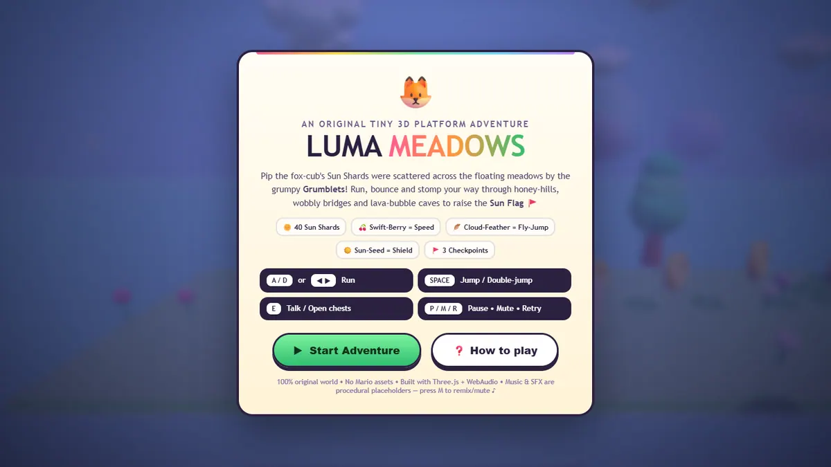 Luma Meadows — 3D Platformer website preview